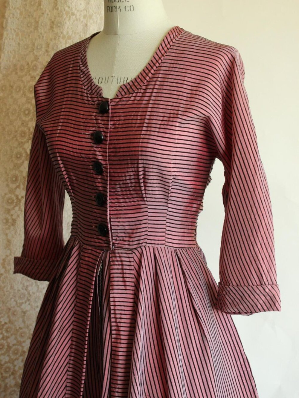 Vintage 1940s Dress, Dolly Myers Inc Pink and Black Striped Silk New Look, Full - Picture 10 of 16
